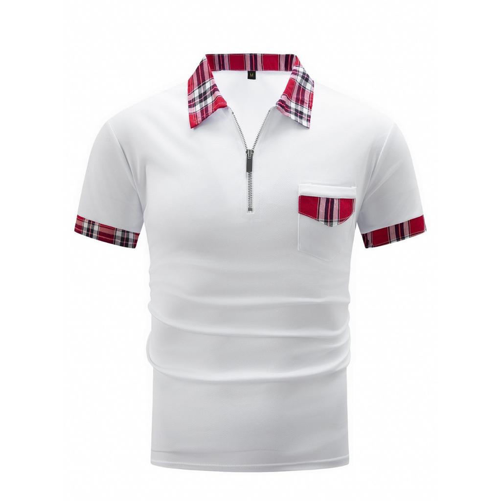 Neues Herren einfarbiges Collage-Taschen-Revers-Reißverschluss-Alltags-Freizeit-Kurzarm-Poloshirt