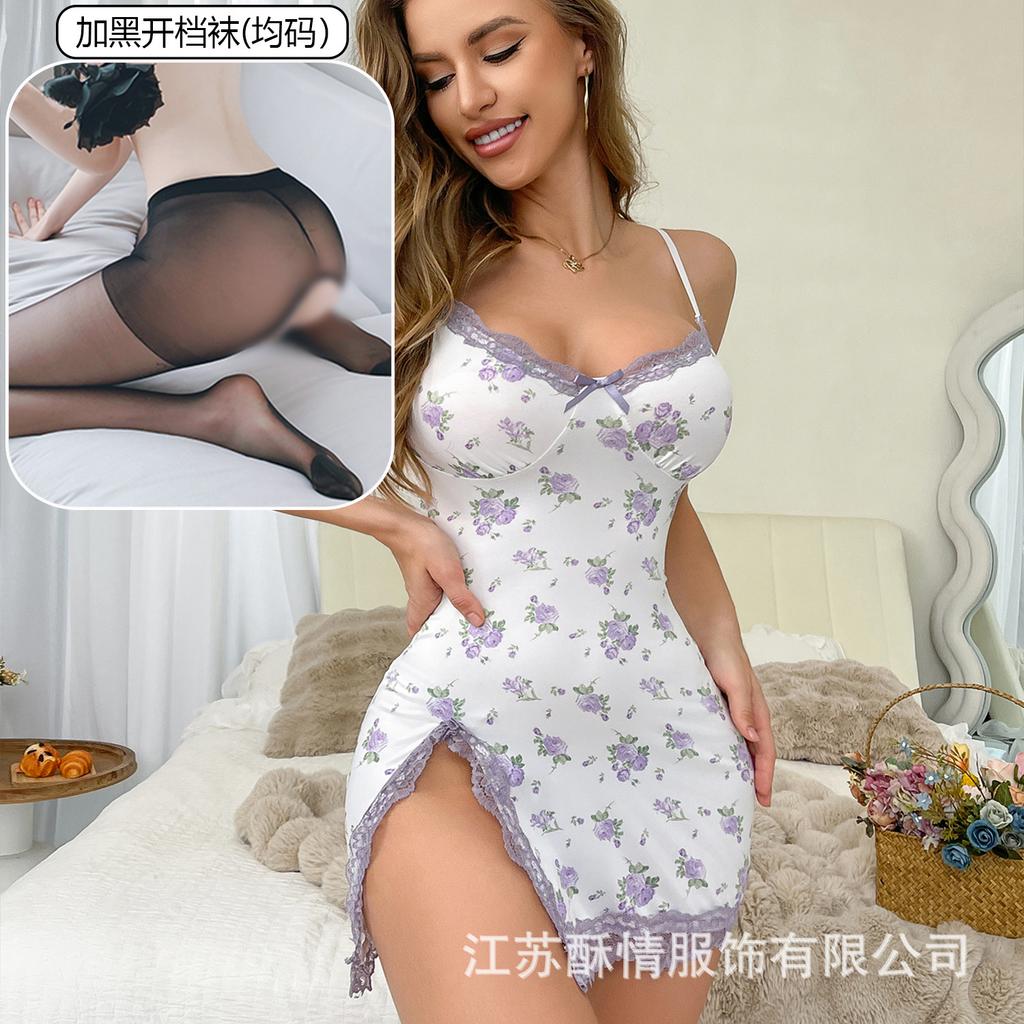 Crispy lingerie small floral splicing lace sexy low-cut European and American style casual split hip skirt nightdress