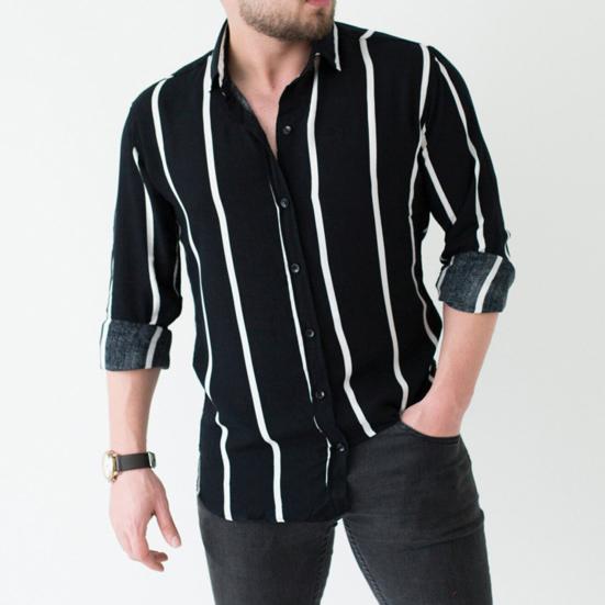 Striped Print Men Shirt Turn-down Collar Top Long Sleeve Buttons Closure Business Shirt Male Clothing
