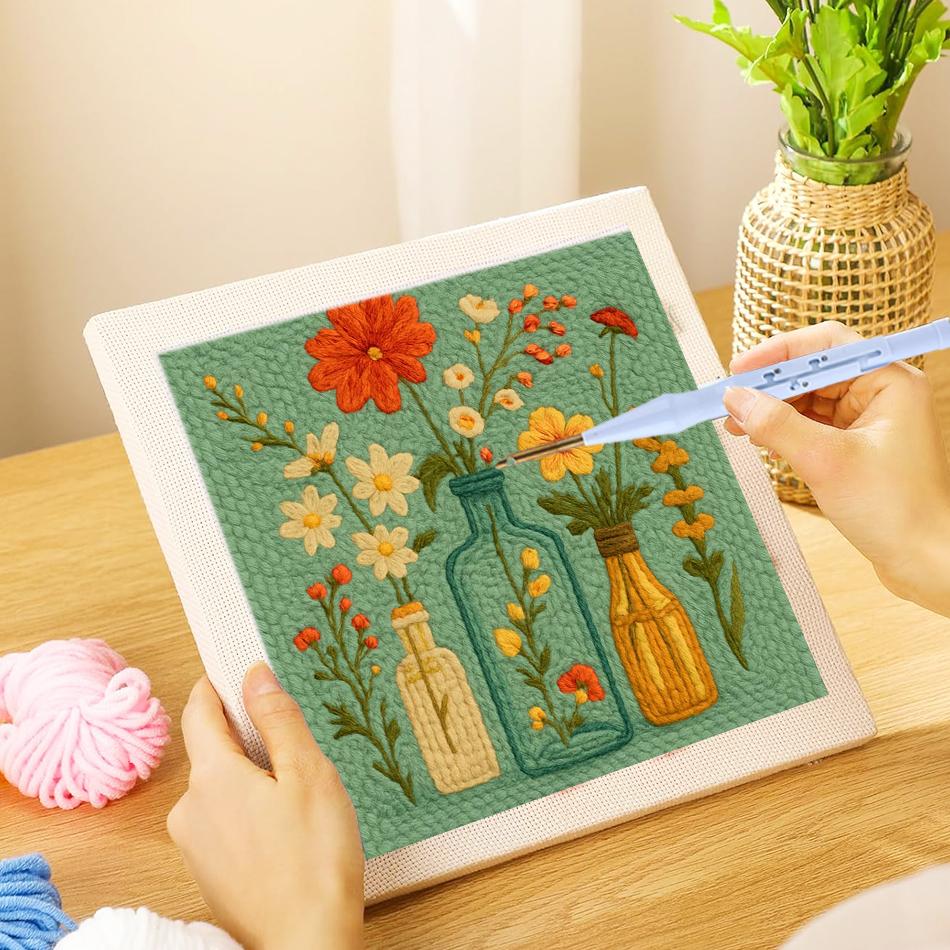Frame Punch Needle Embroidery Starter Kits Fresh Flower Square Embroidered Kit Cross Stitch Art and Crafts Supplies Adults