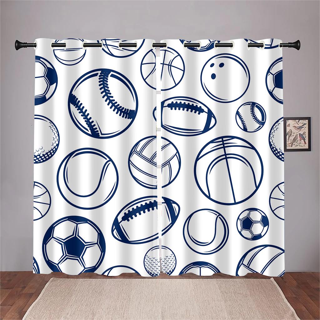 2 panel Football Soccer Rugby Basketball Printed Curtains for Sports Boys Bedroom Blinds Floor-to-ceiling Windows Grommet Top
