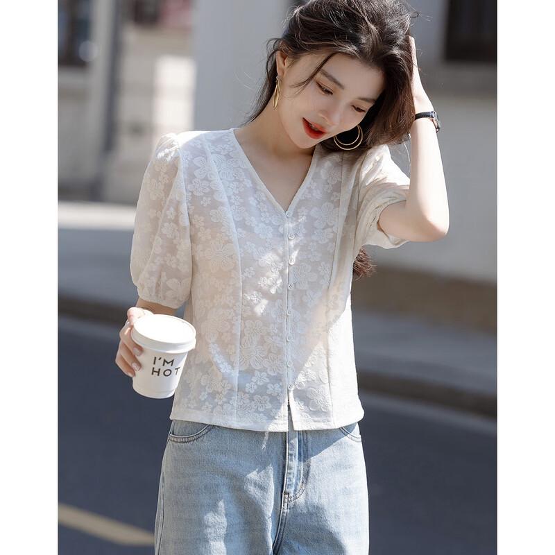 

Demana Women s French V-neck Jacquard Knit Cardigan Blouse M