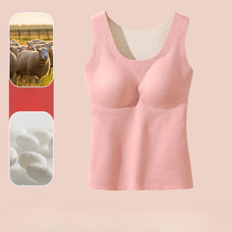 Autumn and Winter Warm Vest Women's Wool Round Neck Fixed Chest Pad with Velvet German Velvet Seamless Inner Layer Bottom Underwear