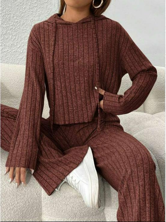 Set nou pentru femei, casual, cu pulover tricotat cu glugă cu dungi și pantaloni largi cu mâneci lungi pentru primăvară/toamnă