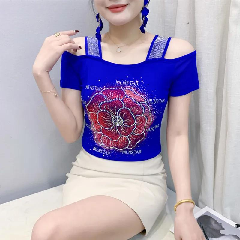 

Streetwear Girl Summer T-Shirts New Chic Luxury Hot Diamonds Tops Classic Women s Sexy Off Shoulder Slim Flower Tees Blouse M синій