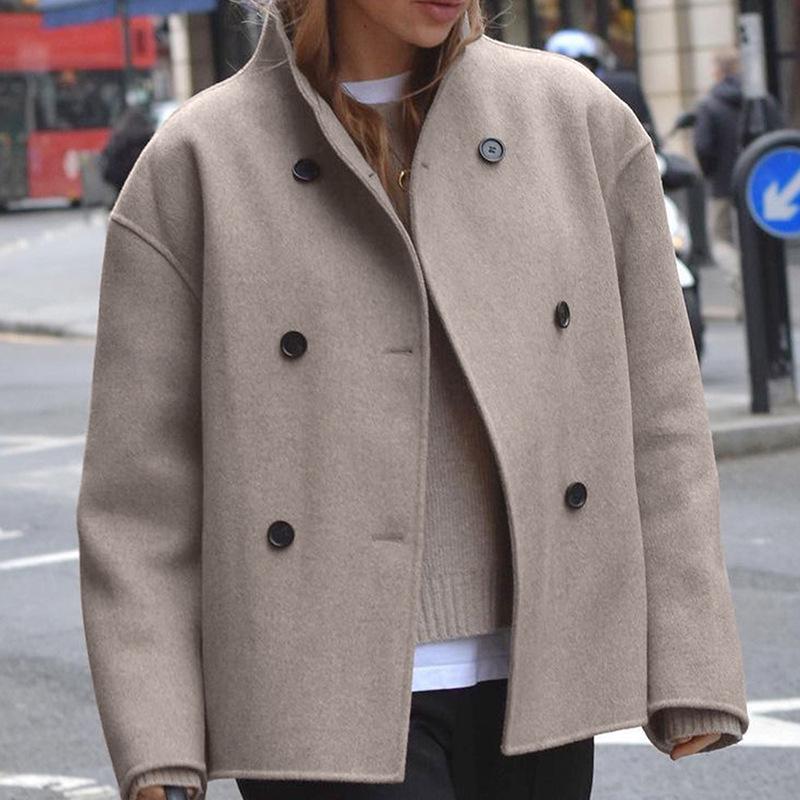 2025 Women's Double-Breasted Solid Wool Coat - Casual British Style