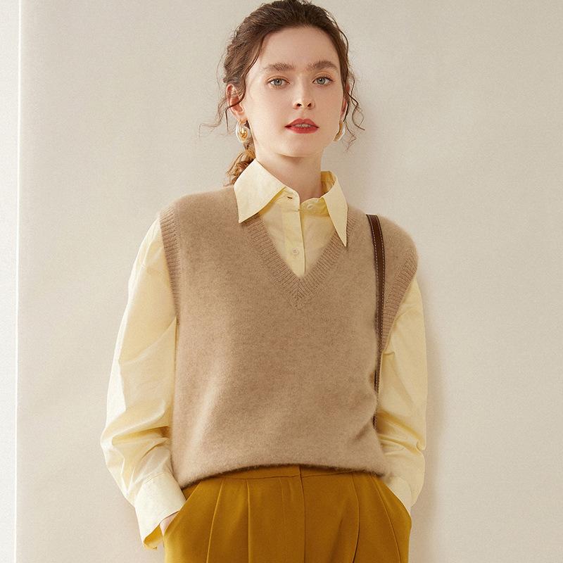 Women's Cashmere V-Neck Sleeveless Vest & Shawl Knit Sweater - Autumn/Winter Collection