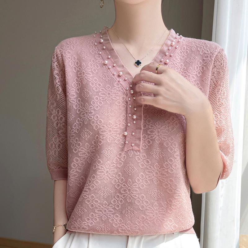 

Универсальная женская блузка с V-образным вырезом, ажурной вязки жаккардом, с бисерными короткими рукавами L розовый
