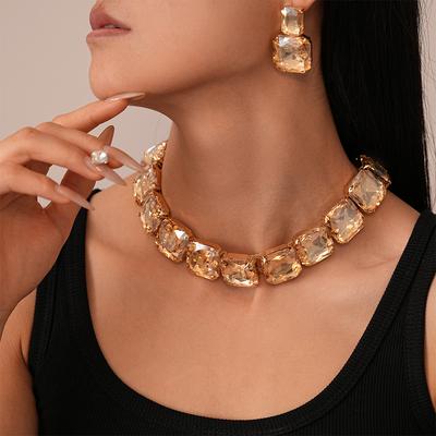 Juego de Joyería de Collares y Pendientes Cuadrados con Pedrería Completa de 3 Piezas Gargantillas Exageradas Accesorios de Lujo para Bodas y Fiestas