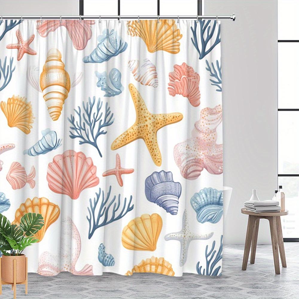 1Pc Coastal Shells Ocean Life Pattern Shower Curtain, Polyester Fabric, Machine Washable, Suitable For Bathroom Decoration