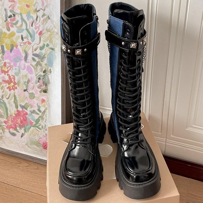 Fashion Butterfly Metal Chain Boots Women's Round Toe Colorblock Front Lace-Up Side Zipper Platform Block Heel Tall Single Boots