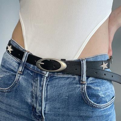 Y2K Women Pu Leather Belt Retro Star Moon Decoration Pin Buckle Waistband For Dress Jeans Decoration Waist Strap Accessories