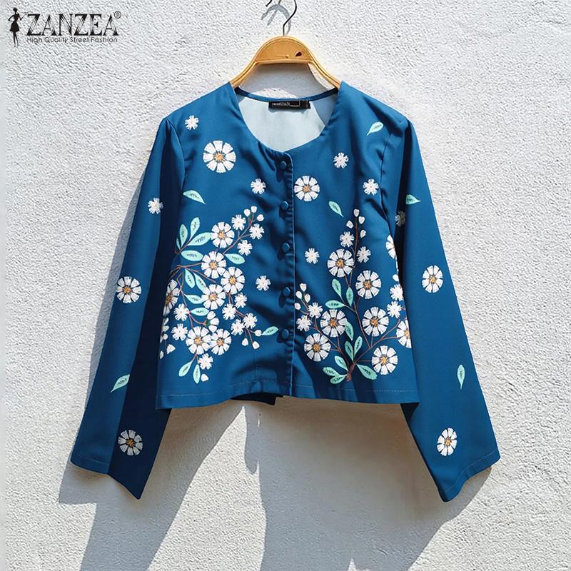 ZANZEA Bluză casual de damă cu gât rotund, mânecă lungă largă, cu imprimeu