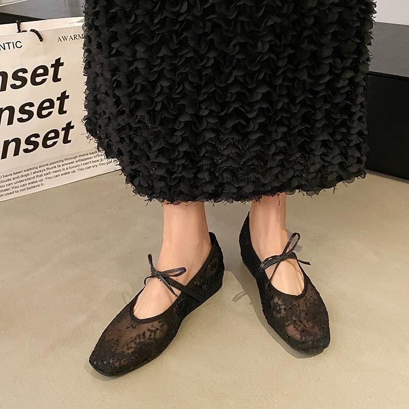 Mesh Lace Inner Heightening Women's Shoes 2025 Summer New Sexy Square Head Shallow Breathable Ballet Shoes Bow Flat Shoes