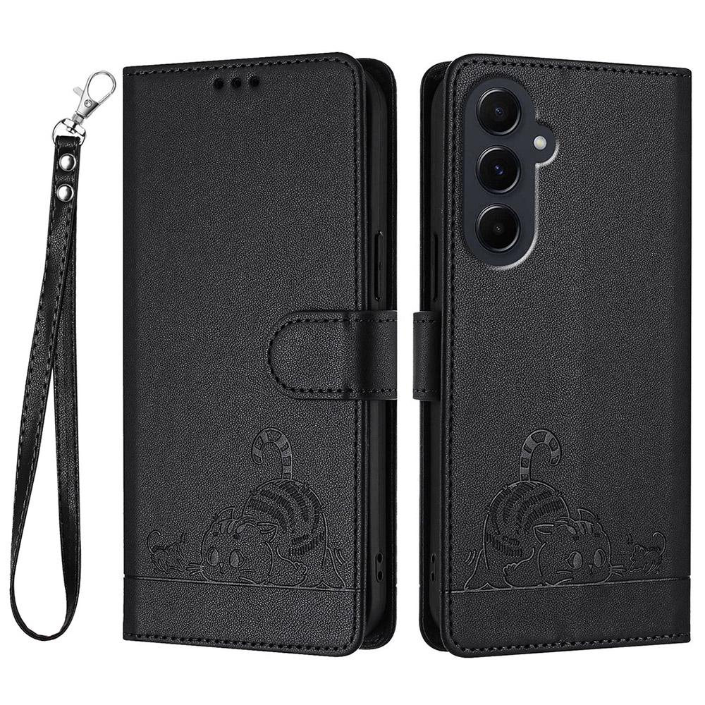 Für Samsung Galaxy A55 5G Hülle mit Riemen RFID-Blockierende Leder-Brieftasche Handyhülle Katze Maus Muster