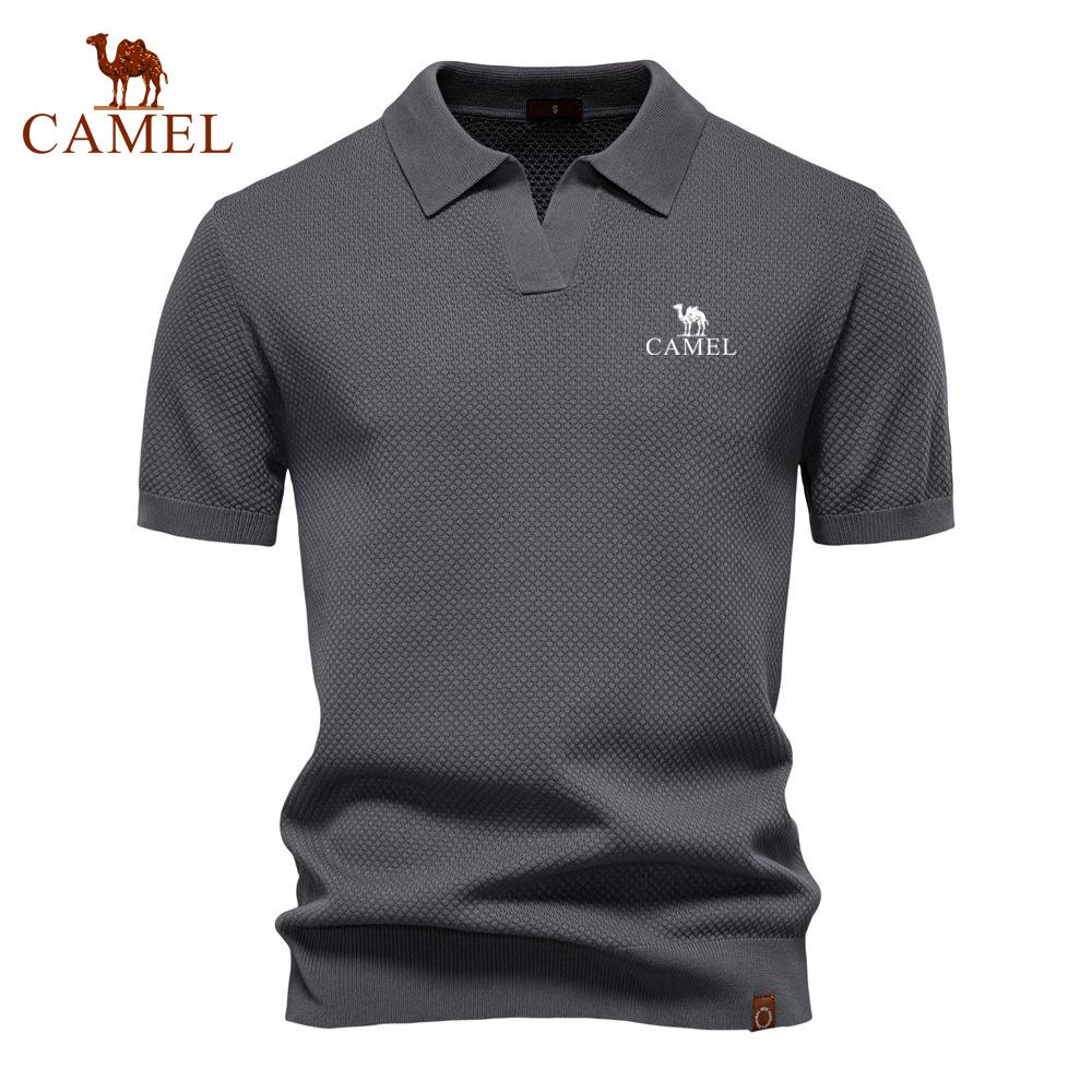 Camel Summer Embroidery Large Pineapple Pattern Woolen Polo Sweater for Men's Business, Seagull Collar, Men's Short Sleeve Sweater