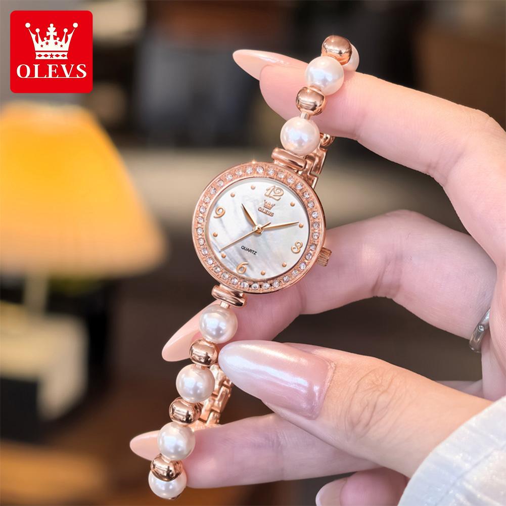 OLEVS Damen Uhr Mode Elegantes Perlenarmband Armbanduhr für Damen Luxus Diamantlünette Wasserdicht Damen Quarzuhren 5640