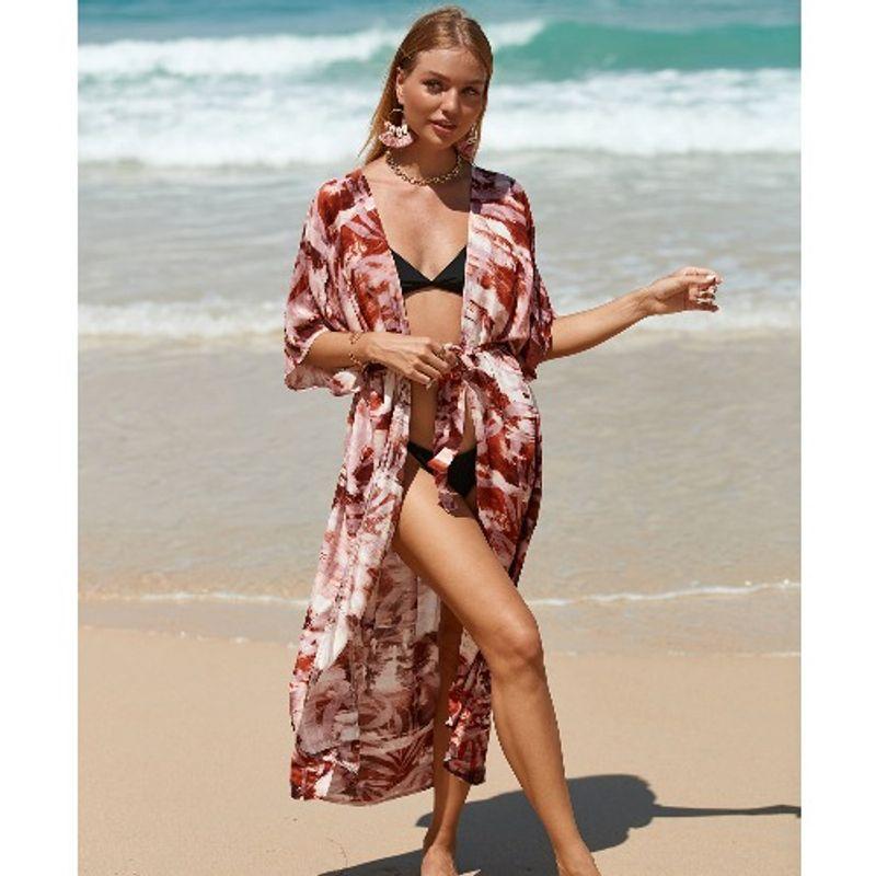 

Блузка свободного кроя с принтом листьев, защищающая от солнца, платье с коротким рукавом Dark wine red One size