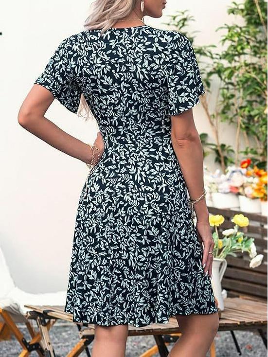 Women's Floral V-Neck A-Line Wrap Dress - Short Sleeve, Elegant & Stylish