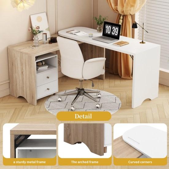 L-förmiger Computertisch mit Schubladenschrank, moderner Laptop-Schreibtisch mit weißer Holzmaserung, starke Tragfähigkeit, Schreibtisch aus Holz für das Home Office