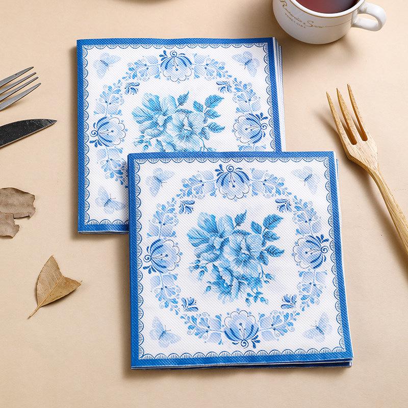 European Retro Blue and White Porcelain Print Disposable Napkins for Restaurant, Party, or Hotel Dining