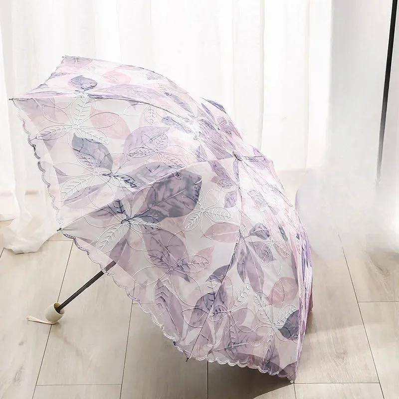 Fashion Double-layer Lace Floral Embroidery Folding Umbrella Summer Outdoor Mini Sunscreen UV Protection Foldable Sunny Umbrella