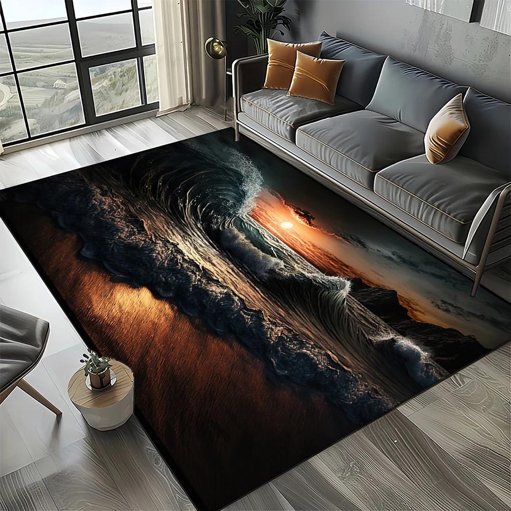 Style New Blue Green Seawater Sea Wave Ocean Carpet Rug for Living Room Bedroom Home Sofa Decoration, Floor Mat