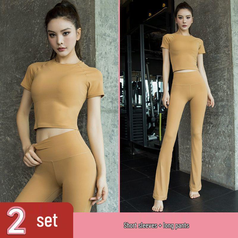 Women's Quick-Dry Yoga Set: Short Sleeve Top, Hip-Covering Skirt & Slimming Flare Pants - Spring/Summer