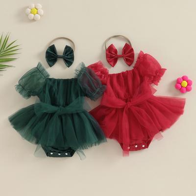 Baby Girls Summer Casual Romper Dress Short Sleeve Bow Tulle Romper with Headband