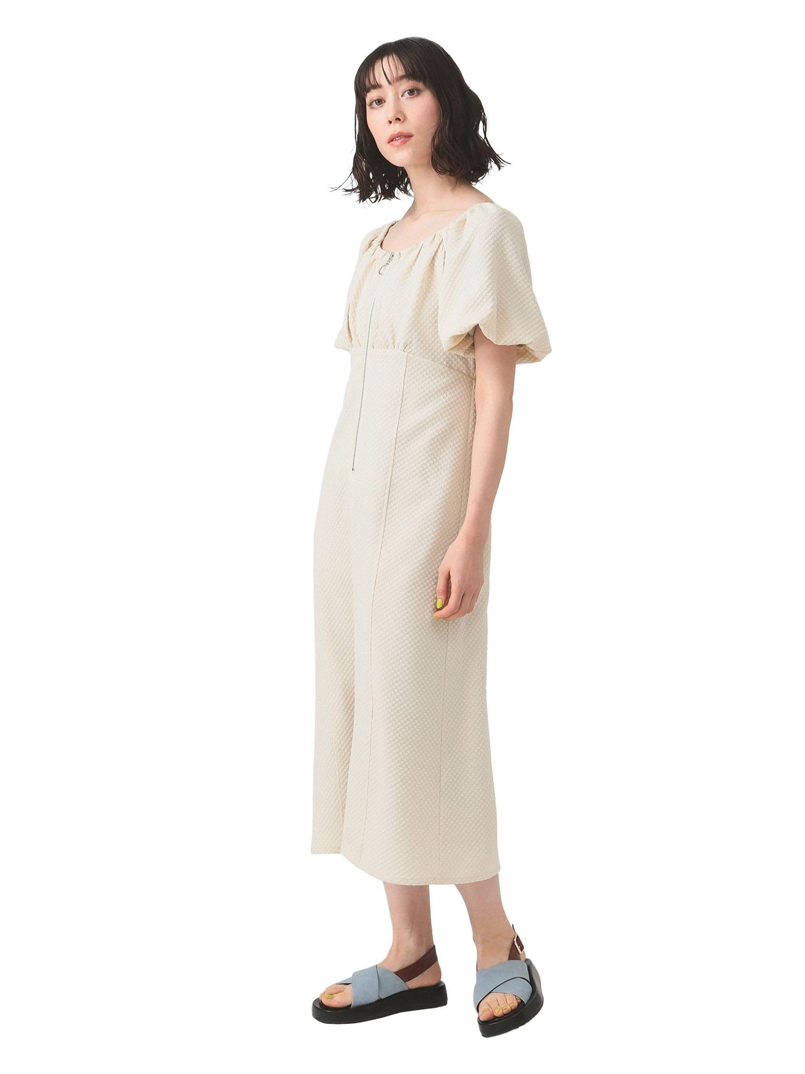 

Ray Beams Jacquard Front Zip Puff Sleeve Beige Women s Dress, бежевый