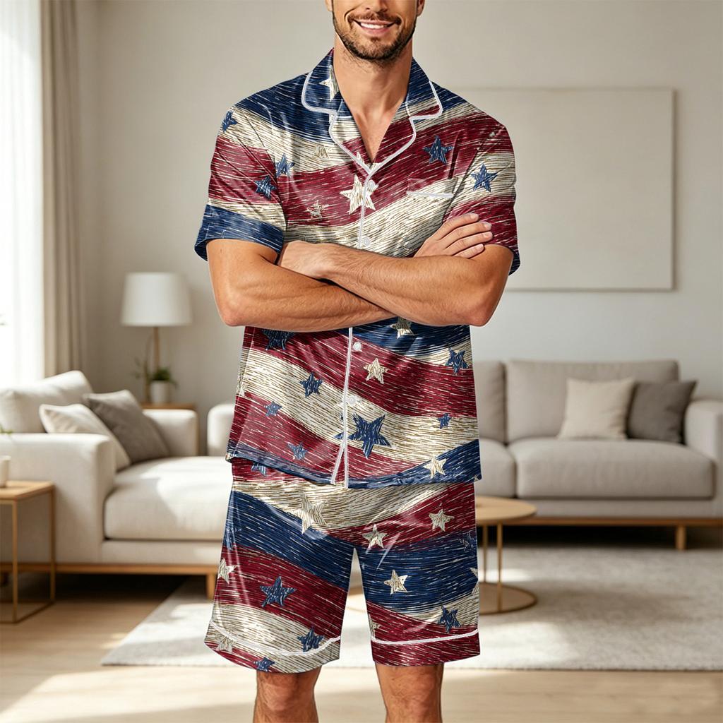 Men Satin Short Sleeve Pajama Set Two Piece Lightweight Sleepwear with Shorts and Pockets Comfortable Lounge Wear for Home