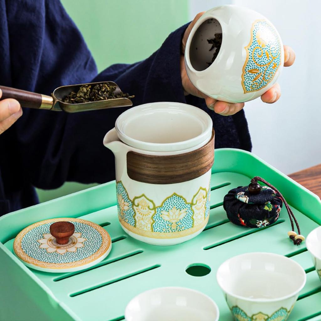 NUZAMAS Portable Travel Tea Set with Quick-Off Cup, 1 Pot, 3 Cups, Ceramic Travel Kung Fu Tea Set for Outdoor Camping, Home, Office, Gift