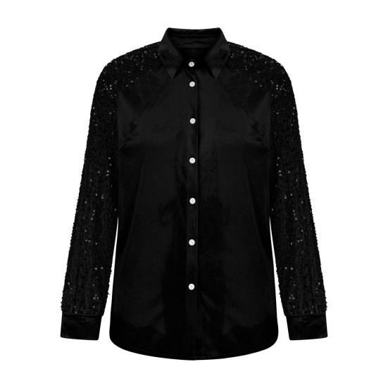 Yousheng Women Shirt Button-Down Lapel Long Sleeve Shirt Tops Solid Color Loose Fit Shiny Sequins Sleeve Velvet Shirt Cocktail Party Wear