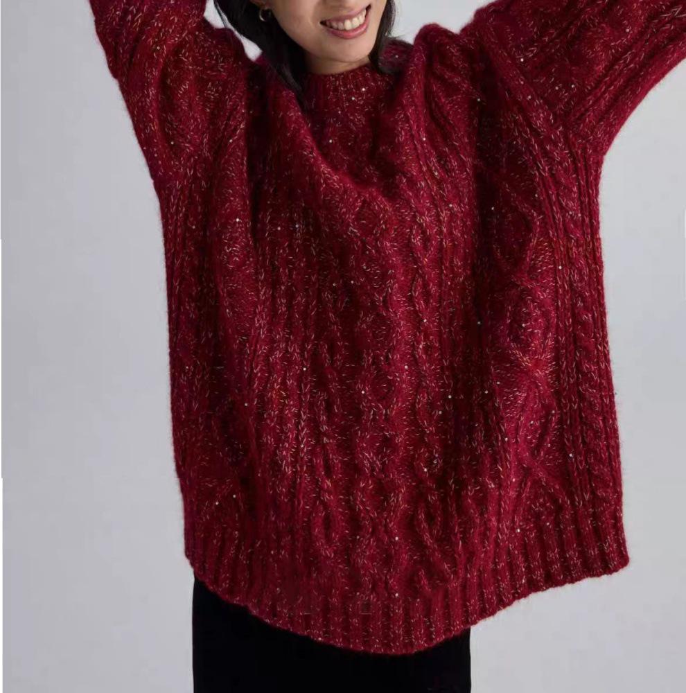 Women's Red Cable Knit Wool Sweater - Heavy Workmanship, 100% Pure Wool, Autumn/Winter, Marled Yarn, Loose Fit, Thickened for Warmth