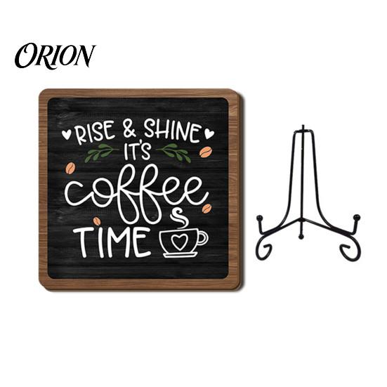 Kitchen Countertop Ornament Coffee Themed Wooden Tabletop Sign, Rustic Bar Plaque with Iron Small Decorative Stand, Farmhouse Home Dining Room