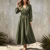 Women's Elegant Color V-Neck Long Sleeve Fitted Waist Dress for Work Party Daily Wear