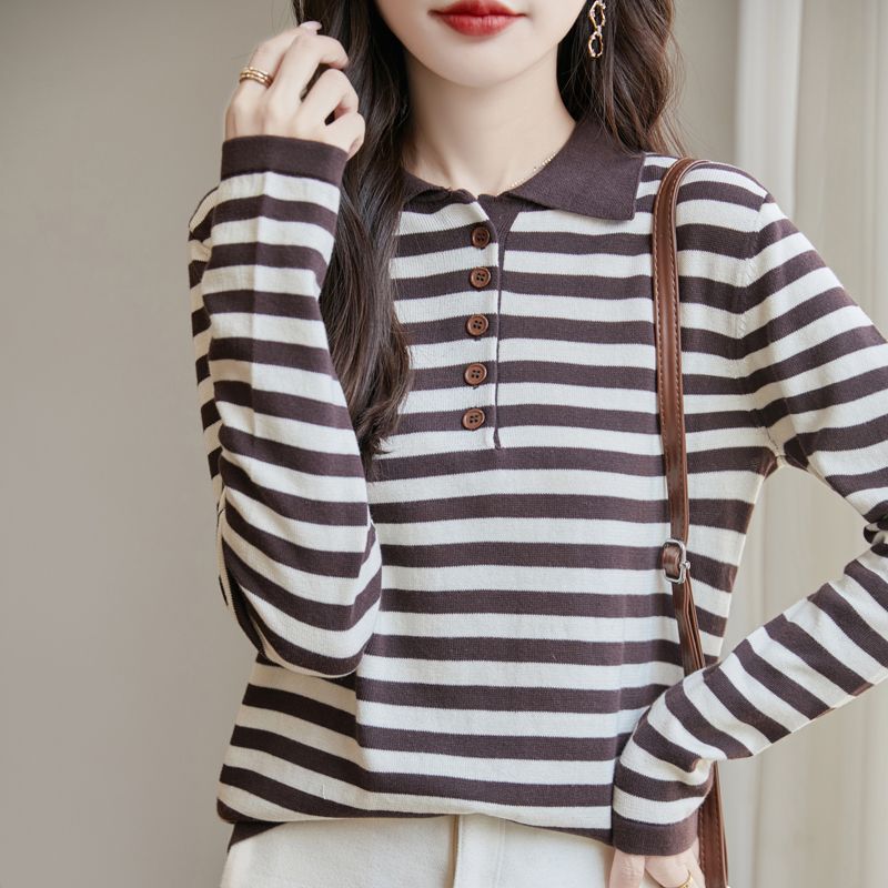 Spring and Summer Women Cotton Striped Sweater Polo Collar Pullover Casual Color Blocking Knitwear Long Sleeve Clothing Tops