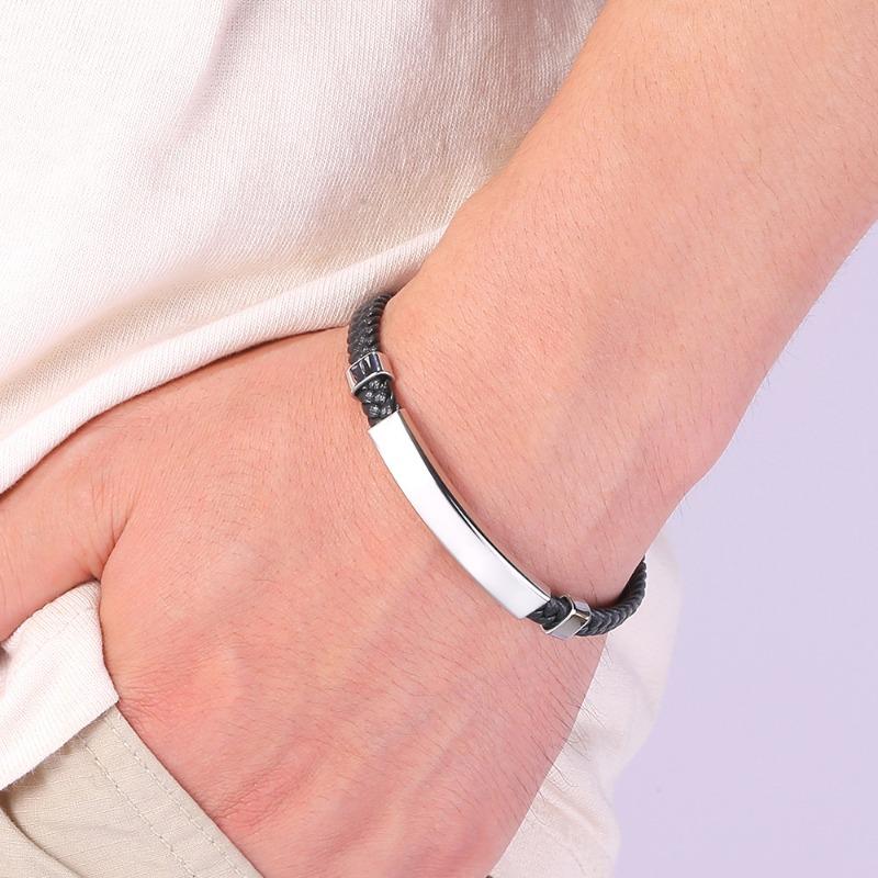 Meier trending european & american diy engraved korean style bracelet - stainless steel & microfiber braided leather bangle