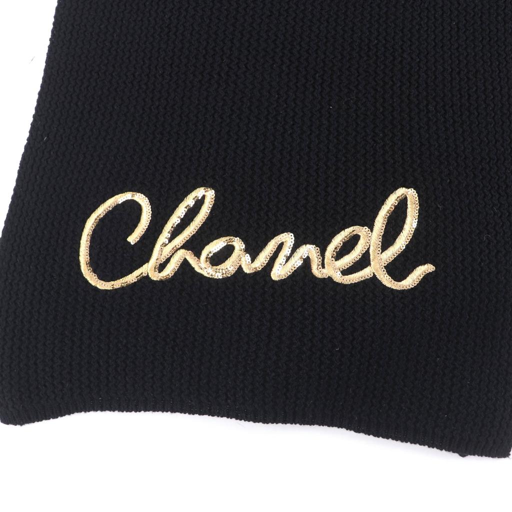 Great CHANEL Scarf Embroidered Handwritten Logo Sequin Knit Black Cashmere 22A Used