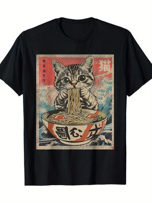 Round Cute Cat Smoke Hot Lamian Noodles Cartoon Printed T-shirt Vintage Pure Cotton Personality Short Sleeve for Men and Women