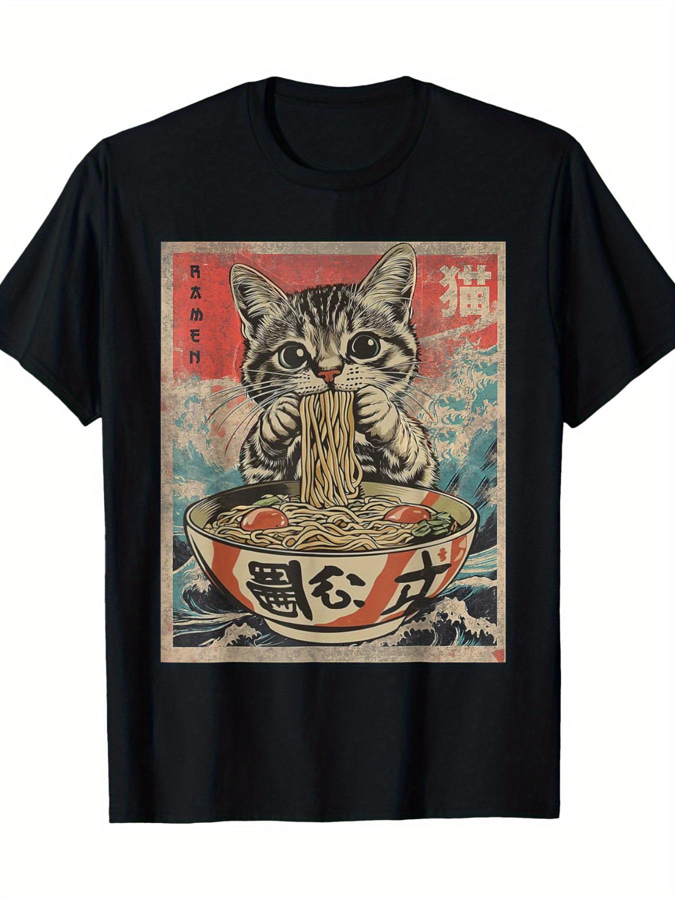 

Kawaii cat ramen anime Tshirt mens crew neck short sleeve regular fit 4XL