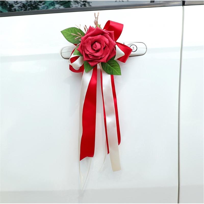 Wedding Rose Ornament for Car Use, Faux Rose Ribbon Accent for Engagement Signs, Party Tables, and Home Display