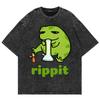 100% Cotton Vintage Washed Y2K Funny Rippit Tshirt Fashion Men Aesthetic Graphic Kawaii Frog Oversize Loose Acid Wash Tee Shirt