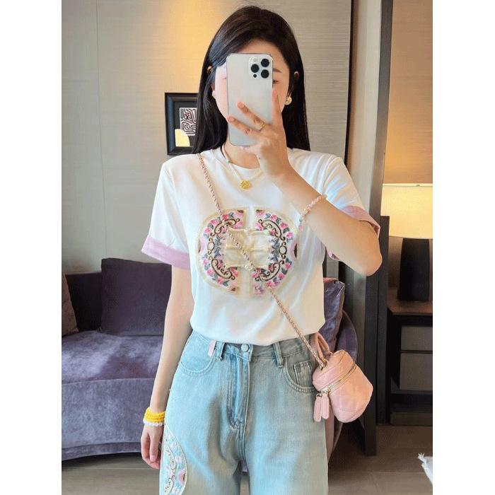 

Женская футболка с коротким рукавом 2025 новый летний дизайн нишевый пуговица новый китайский стиль вышитый топ женский S белый