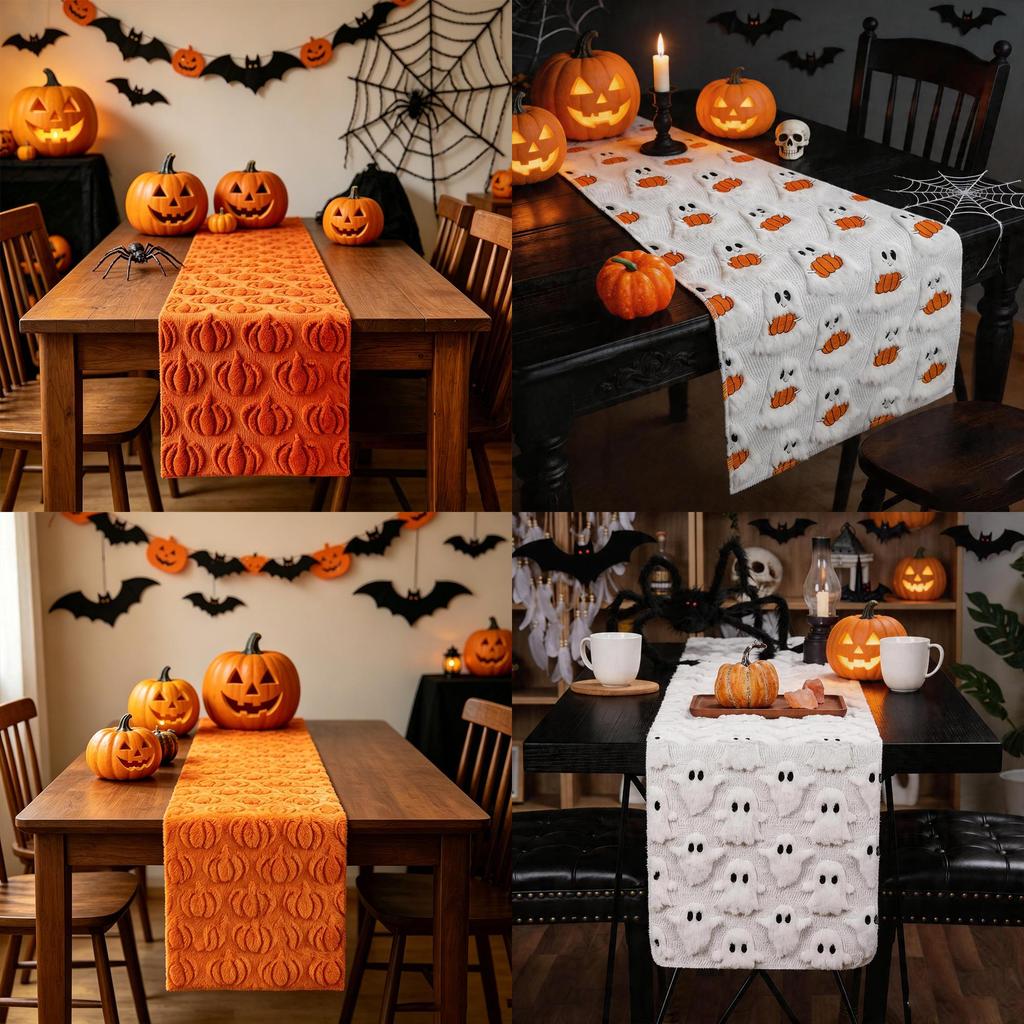 Polyester Halloween Table Runner With Embroidered Ghosts And Pumpkins For Party Decor