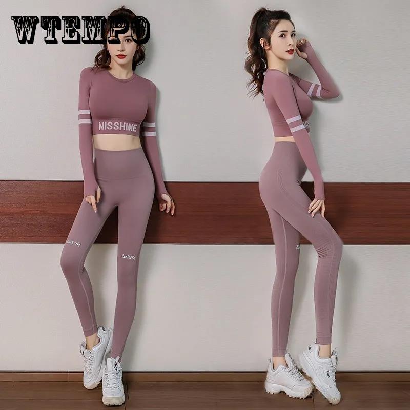 

Женская спортивная одежда из 2 предметов, комплект для йоги, одежда для спортзала, спортивный костюм, укороченный топ с длинными рукавами, бесшовные леггинсы с высокой талией, спортивные костюмы для фитнеса