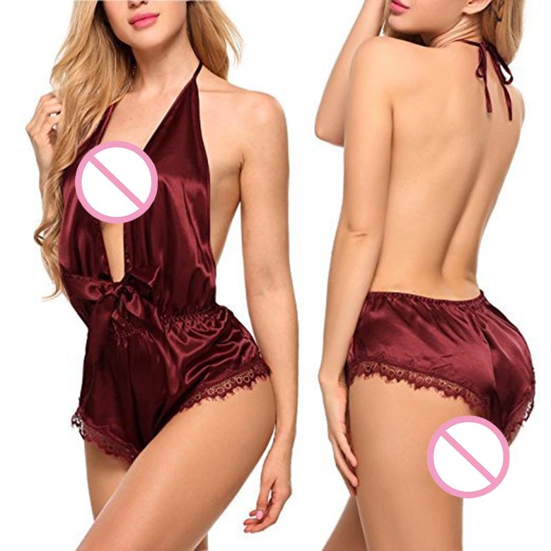 1Pc Sexy Silk Feeling Underwear Deep V Backless Neck Hanging Smooth Simulation Silk Sexy Nightgown Home Wear