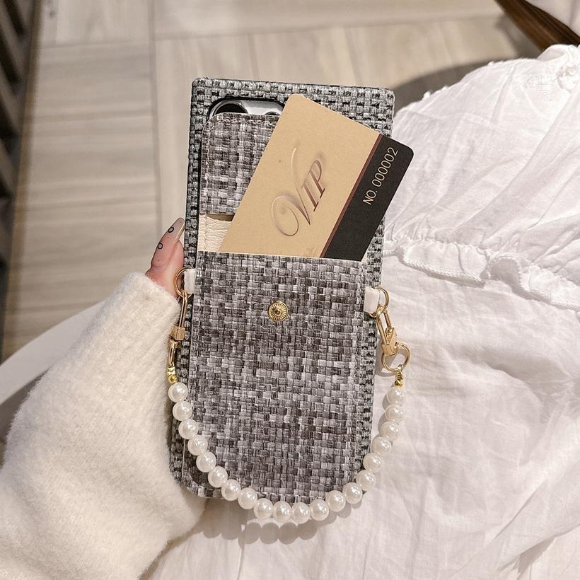 Luxury Cloth Pearl Hand Chain Case For Samsung S24 Ultra S23 Ultra S22 Card Holder Cover For Galaxy S24 Plus Wrist Strap Case