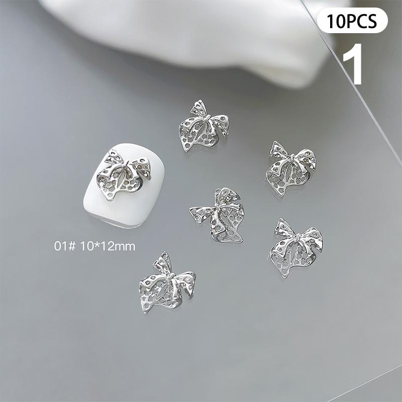 10 Pcs Glossy Silver Ribbon Nail Art Charm 3D Metal Alloy Bows Silk Ribbon Nail Decoration Diy Retro Metallic Nail Accessories