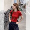 Super good-looking round neck front shoulder short-sleeved T-shirt for women's summer hollowed-out halter lace-up slim sweet Spice Girl small top